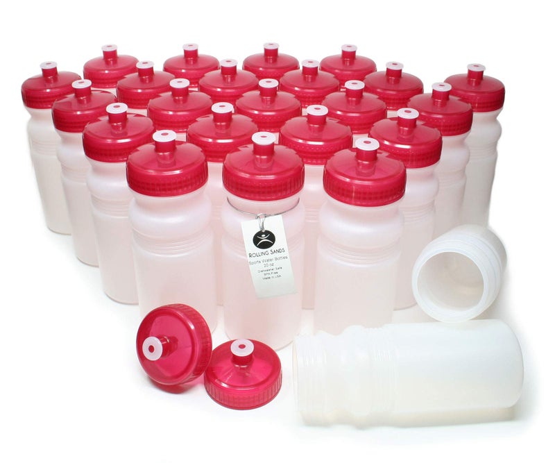 Rolling Sands Reusable Bulk Water Bottles 24 Pack - 20 Oz Sports Water Bottles, USA Made, BPA-Free, Wide Mouth for Easy Cleaning, Dishwasher Safe, Break Resistant - Clear Frost Bottle/Red Lid - Image 1